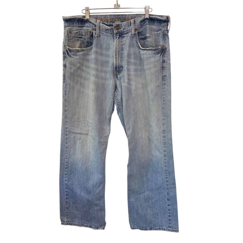 American Eagle Mens Loose Fit Light Wash Distressed Raw Hem Jeans 34x30 Blue - Picture 2 of 16